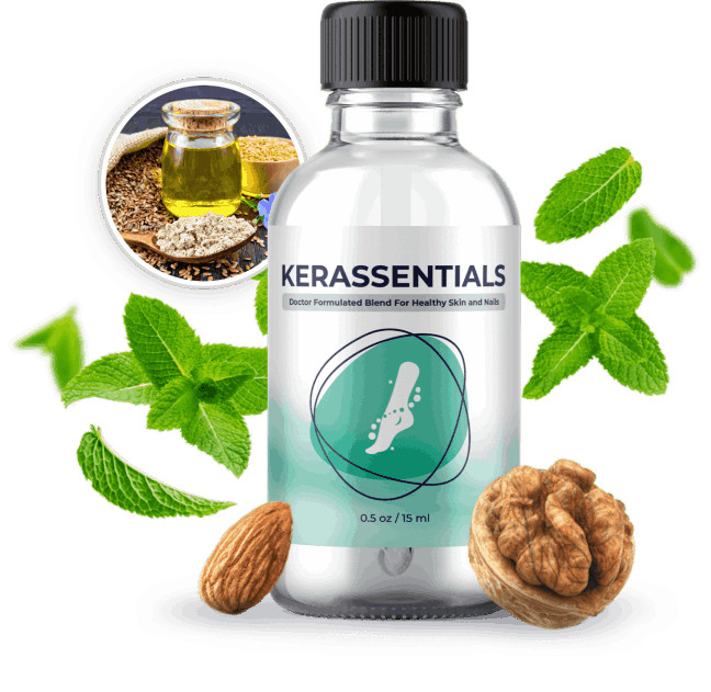 Kerassentials nail and skin health oil bottle with 8-in-1 plant-based formula