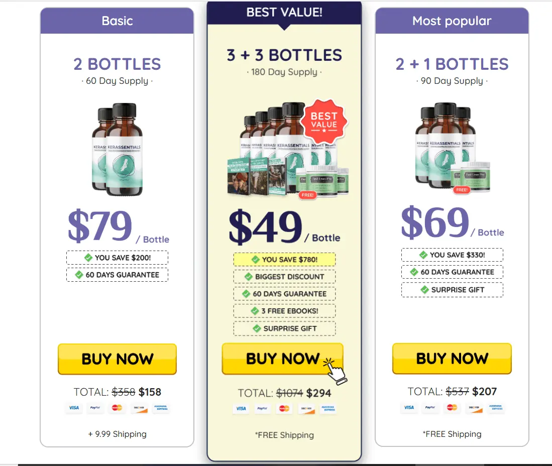 Kerassentials pricing packages showing 1, 3, and 6 bottle options